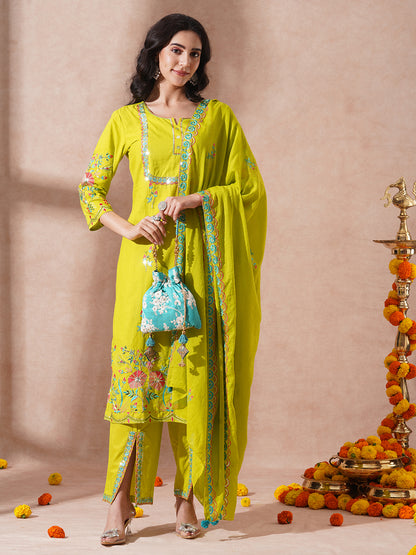 Solid Floral Embroidered Straight Fit Kurta with Pant & Dupatta - Fluorescent Green