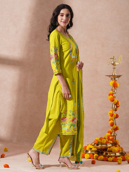 Solid Floral Embroidered Straight Fit Kurta with Pant & Dupatta - Fluorescent Green