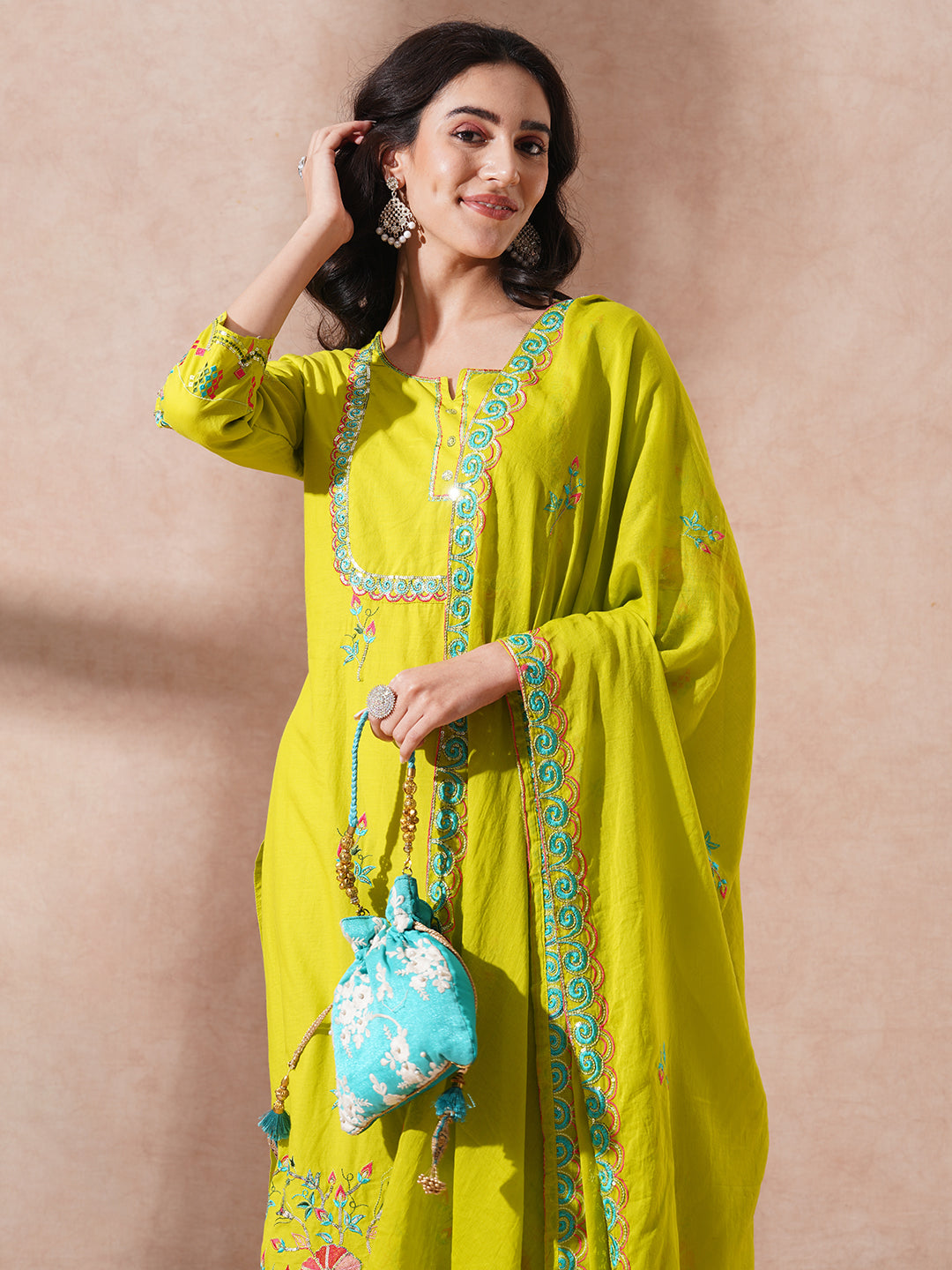 Solid Floral Embroidered Straight Fit Kurta with Pant & Dupatta - Fluorescent Green