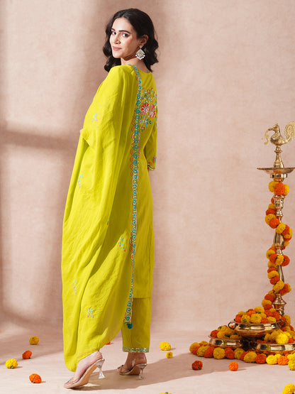 Solid Floral Embroidered Straight Fit Kurta with Pant & Dupatta - Fluorescent Green