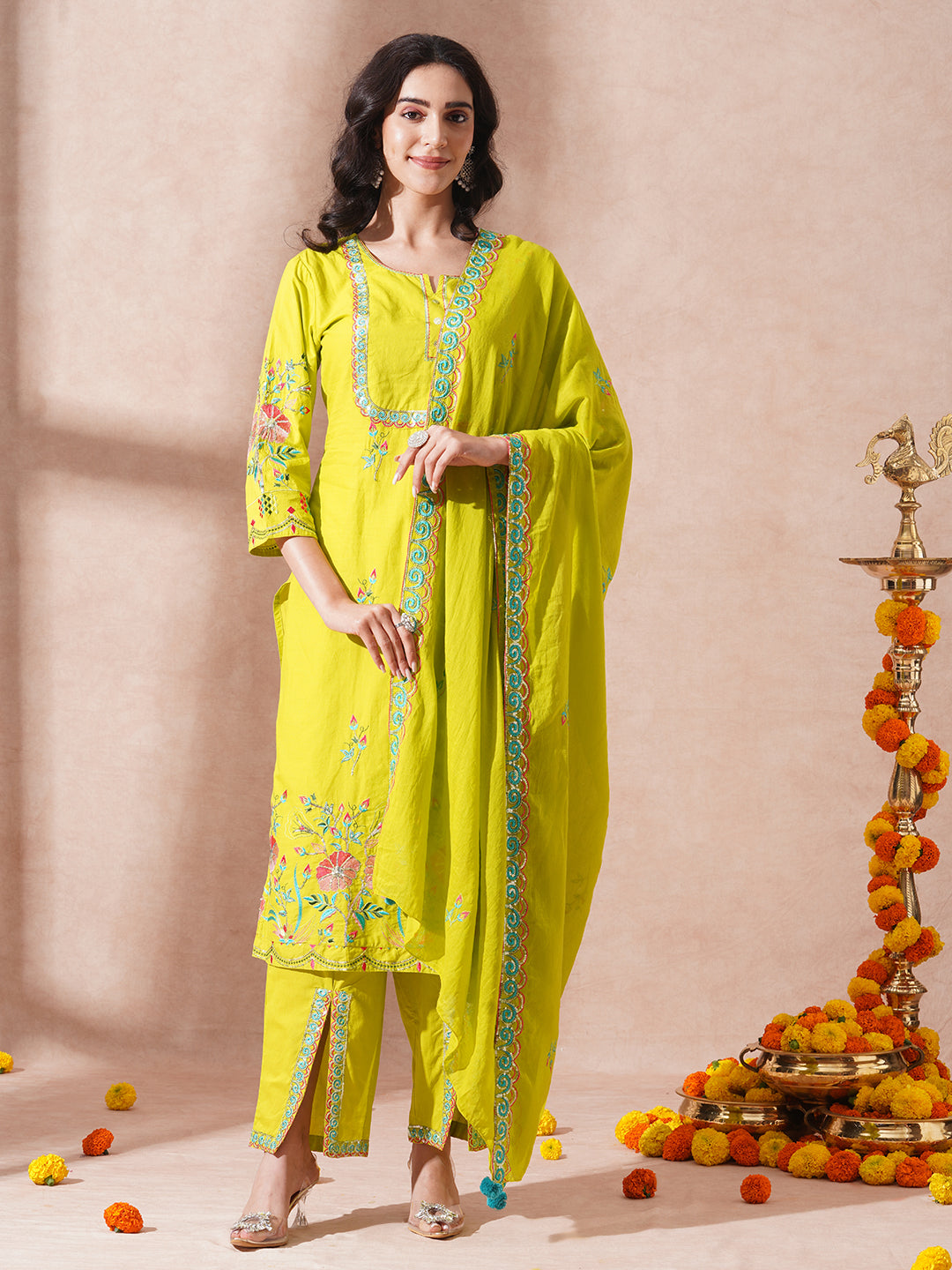 Solid Floral Embroidered Straight Fit Kurta with Pant & Dupatta - Fluorescent Green