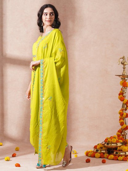 Solid Floral Embroidered Straight Fit Kurta with Pant & Dupatta - Fluorescent Green