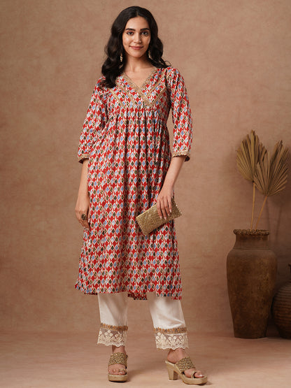 Ethnic Printed & Embroidered A-Line Pleated Kurta with Palazzo - Red