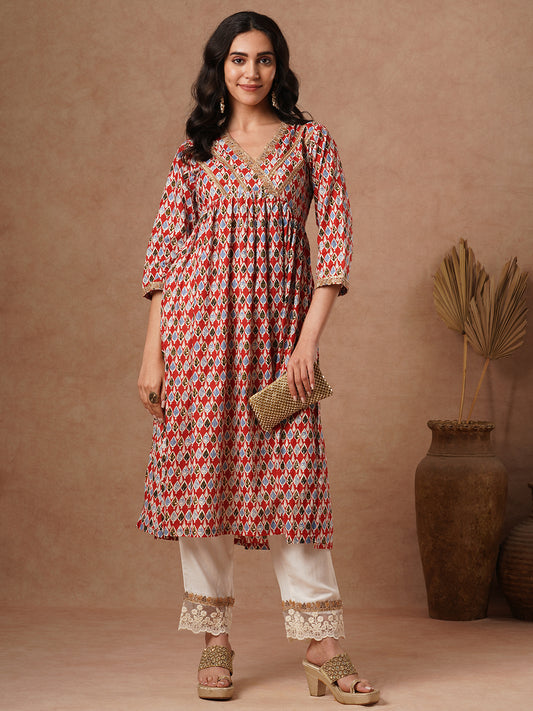 Ethnic Printed & Embroidered A-Line Pleated Kurta with Palazzo - Red