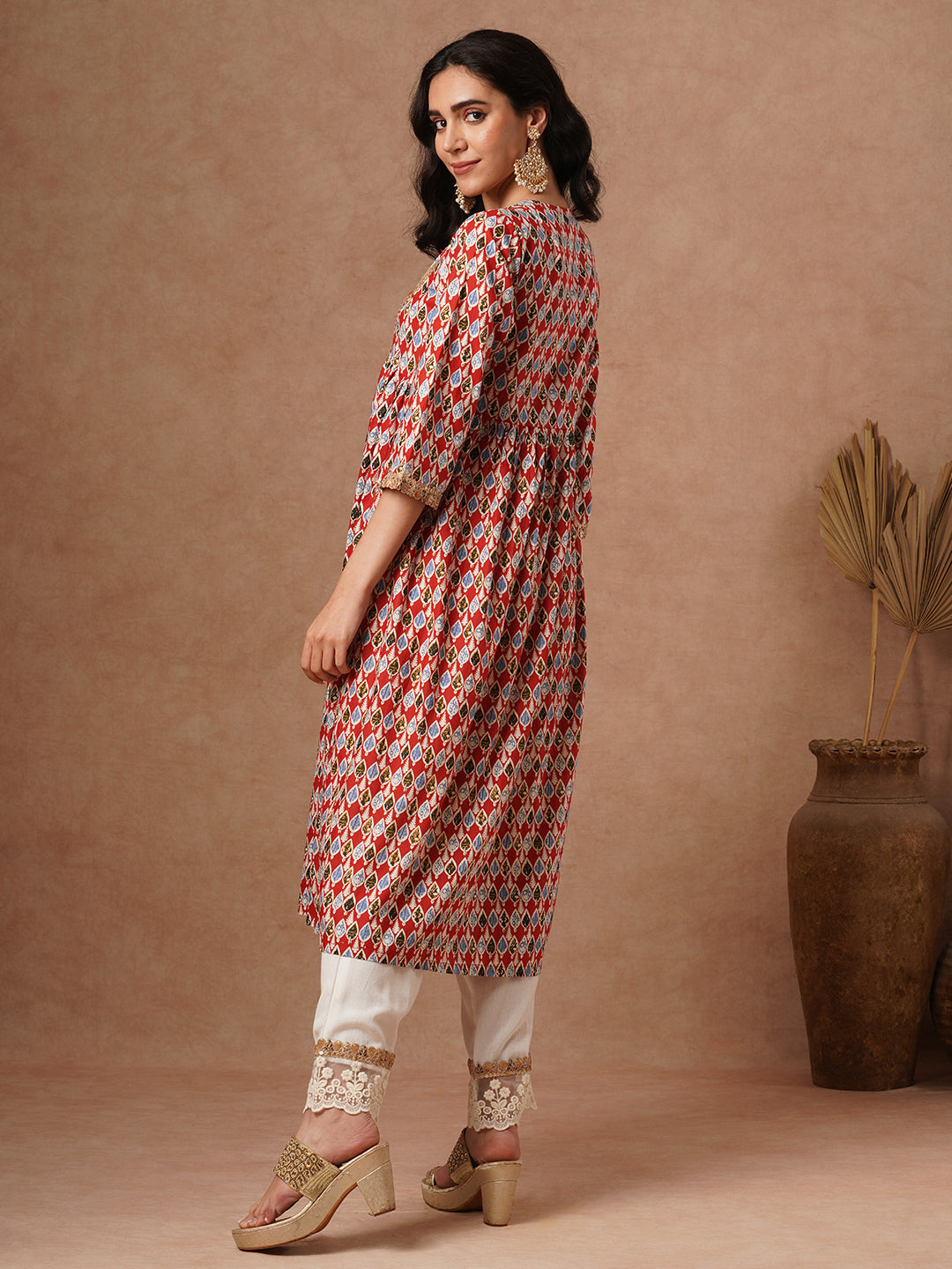 Ethnic Printed & Embroidered A-Line Pleated Kurta with Palazzo - Red