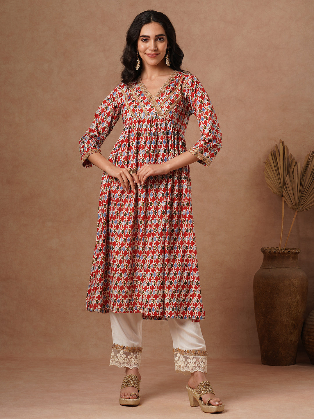 Ethnic Printed & Embroidered A-Line Pleated Kurta with Palazzo - Red