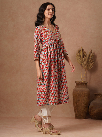 Ethnic Printed & Embroidered A-Line Pleated Kurta with Palazzo - Red