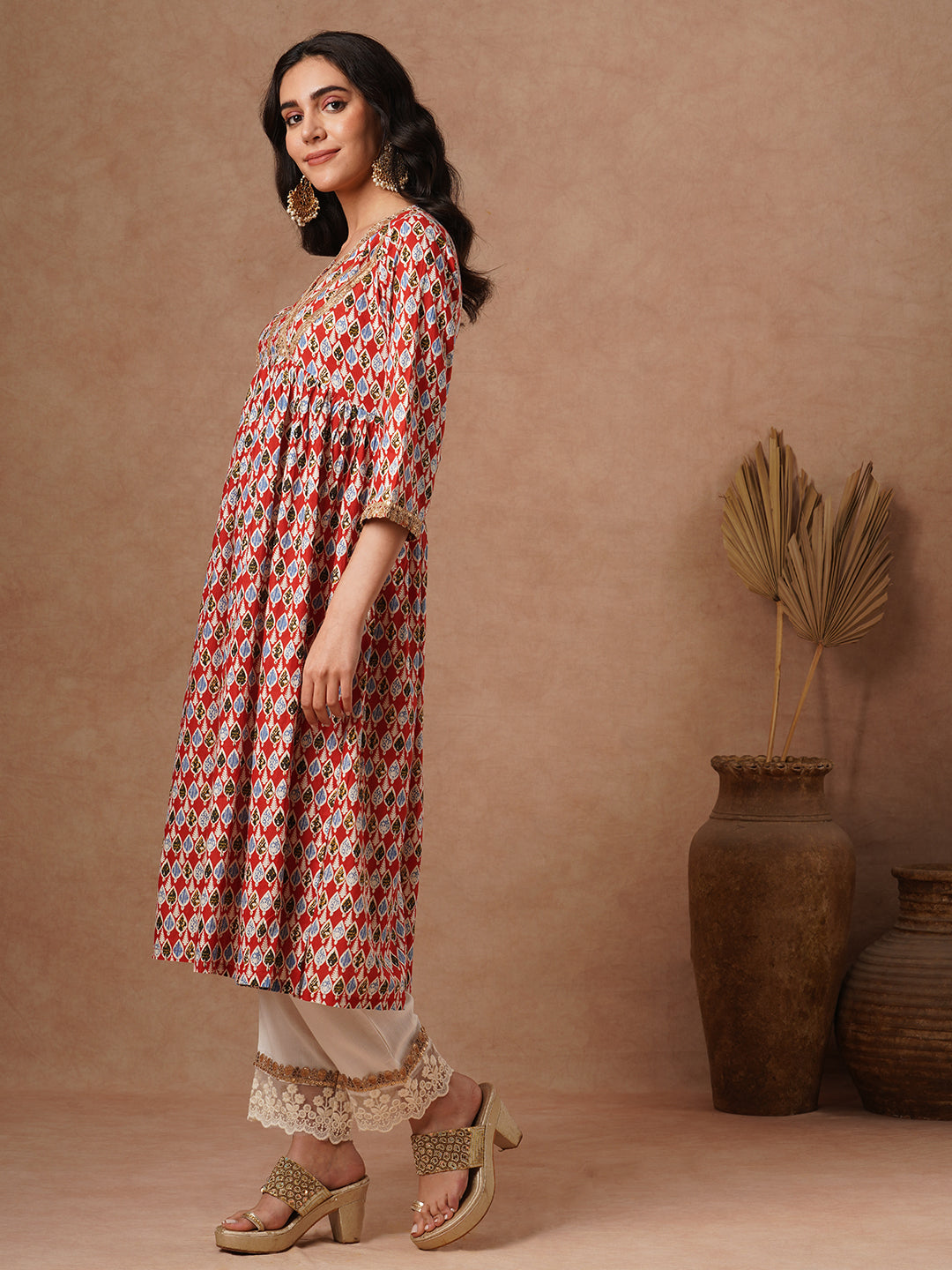 Ethnic Printed & Embroidered A-Line Pleated Kurta with Palazzo - Red