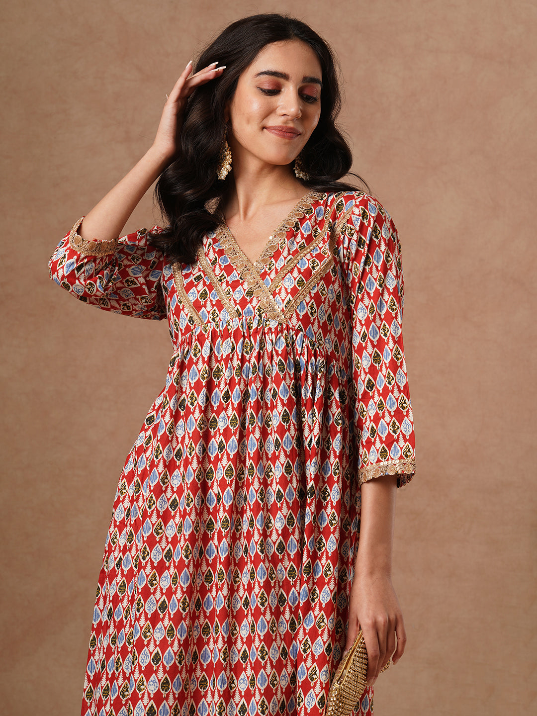 Ethnic Printed & Embroidered A-Line Pleated Kurta with Palazzo - Red