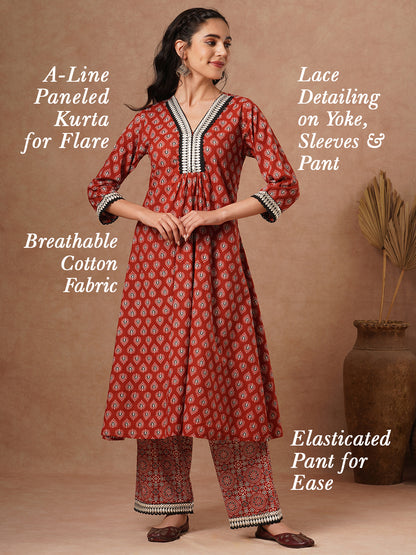 Ethnic Printed & Embroidered & A-Line Paneled Kurta with Palazzo - Brown