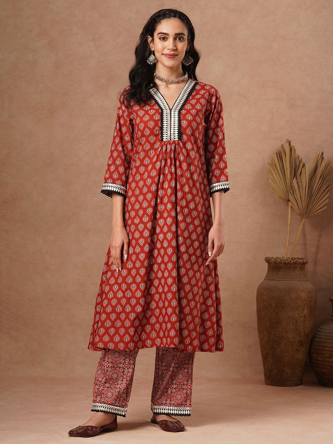 Ethnic Printed & Embroidered & A-Line Paneled Kurta with Palazzo - Brown