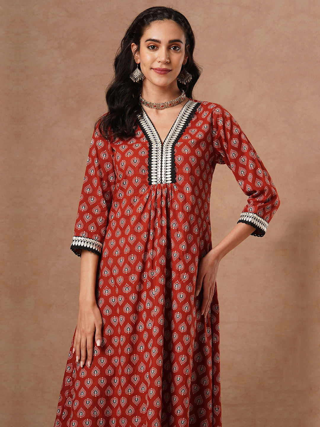 Ethnic Printed & Embroidered & A-Line Paneled Kurta with Palazzo - Brown