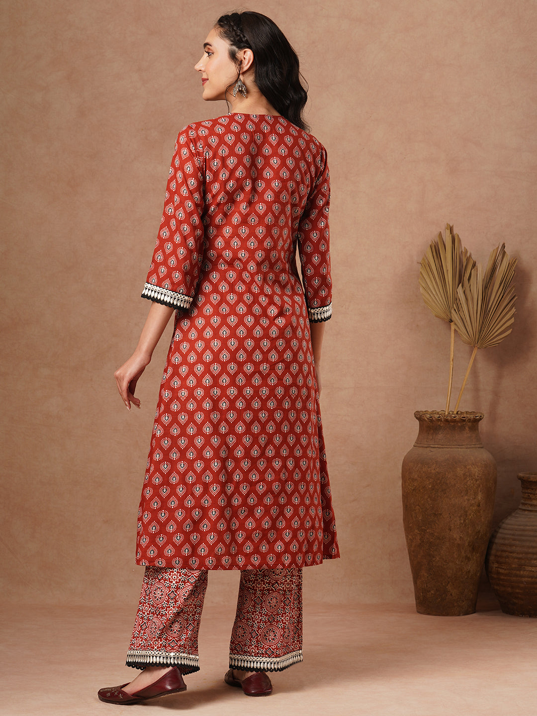 Ethnic Printed & Embroidered & A-Line Paneled Kurta with Palazzo - Brown