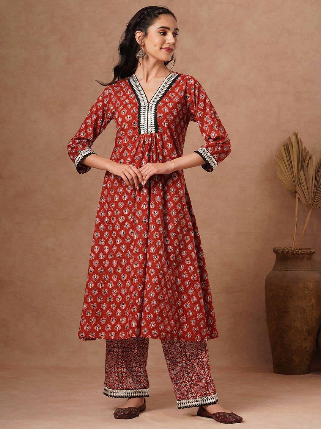 Ethnic Printed & Embroidered & A-Line Paneled Kurta with Palazzo - Brown