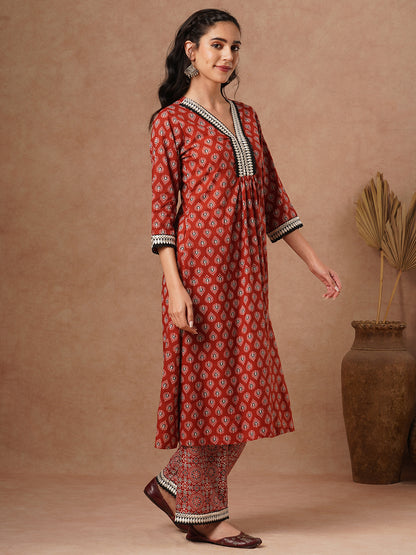 Ethnic Printed & Embroidered & A-Line Paneled Kurta with Palazzo - Brown