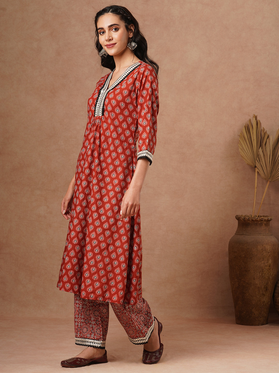 Ethnic Printed & Embroidered & A-Line Paneled Kurta with Palazzo - Brown