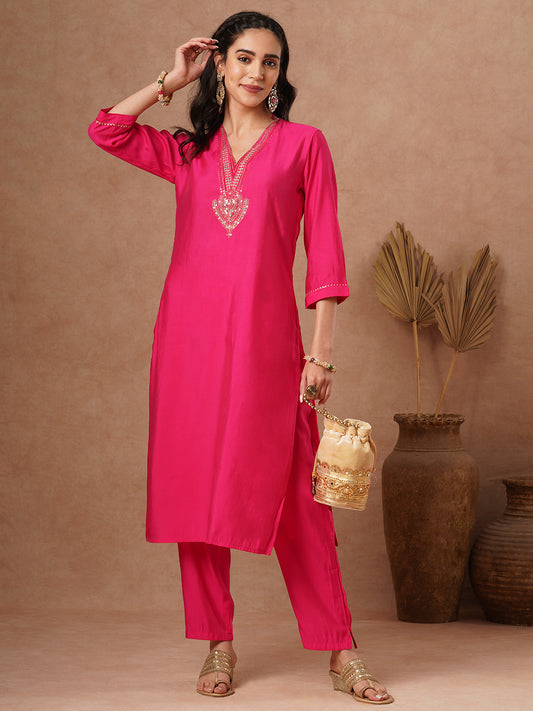 Solid Ethnic Sequin Embroidered Straight Fit Co-ord Set - Pink