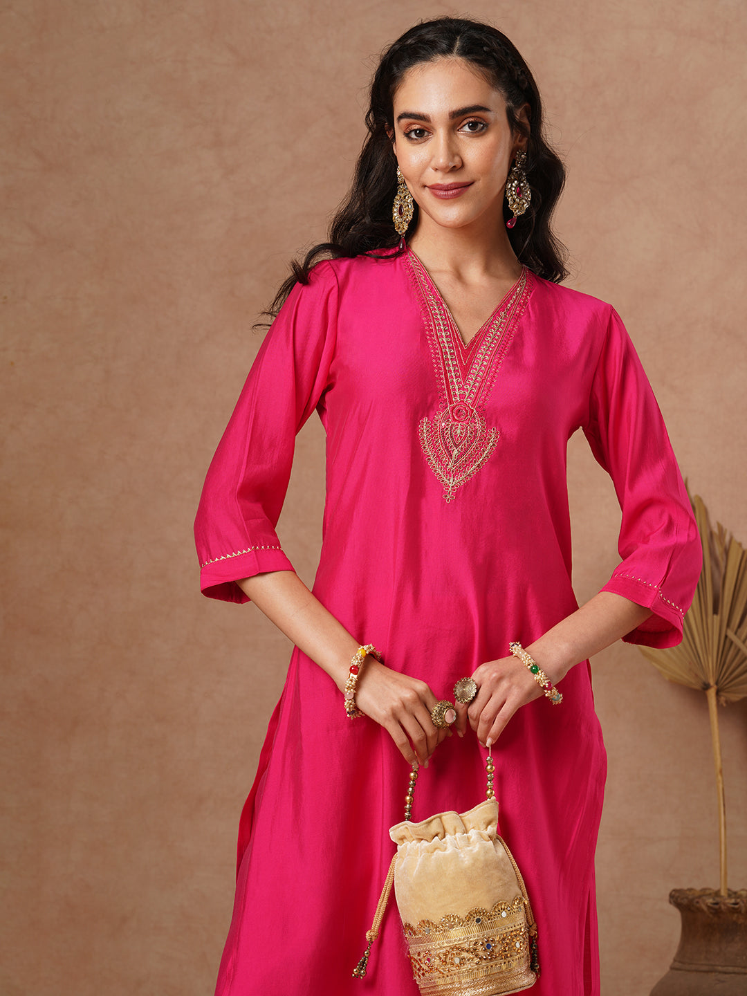 Solid Ethnic Sequin Embroidered Straight Fit Co-ord Set - Pink