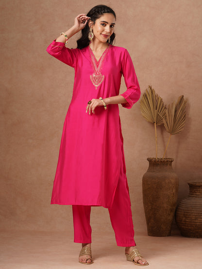 Solid Ethnic Sequin Embroidered Straight Fit Co-ord Set - Pink