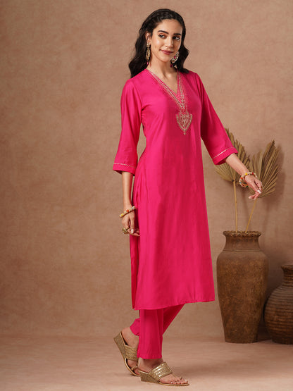 Solid Ethnic Sequin Embroidered Straight Fit Co-ord Set - Pink