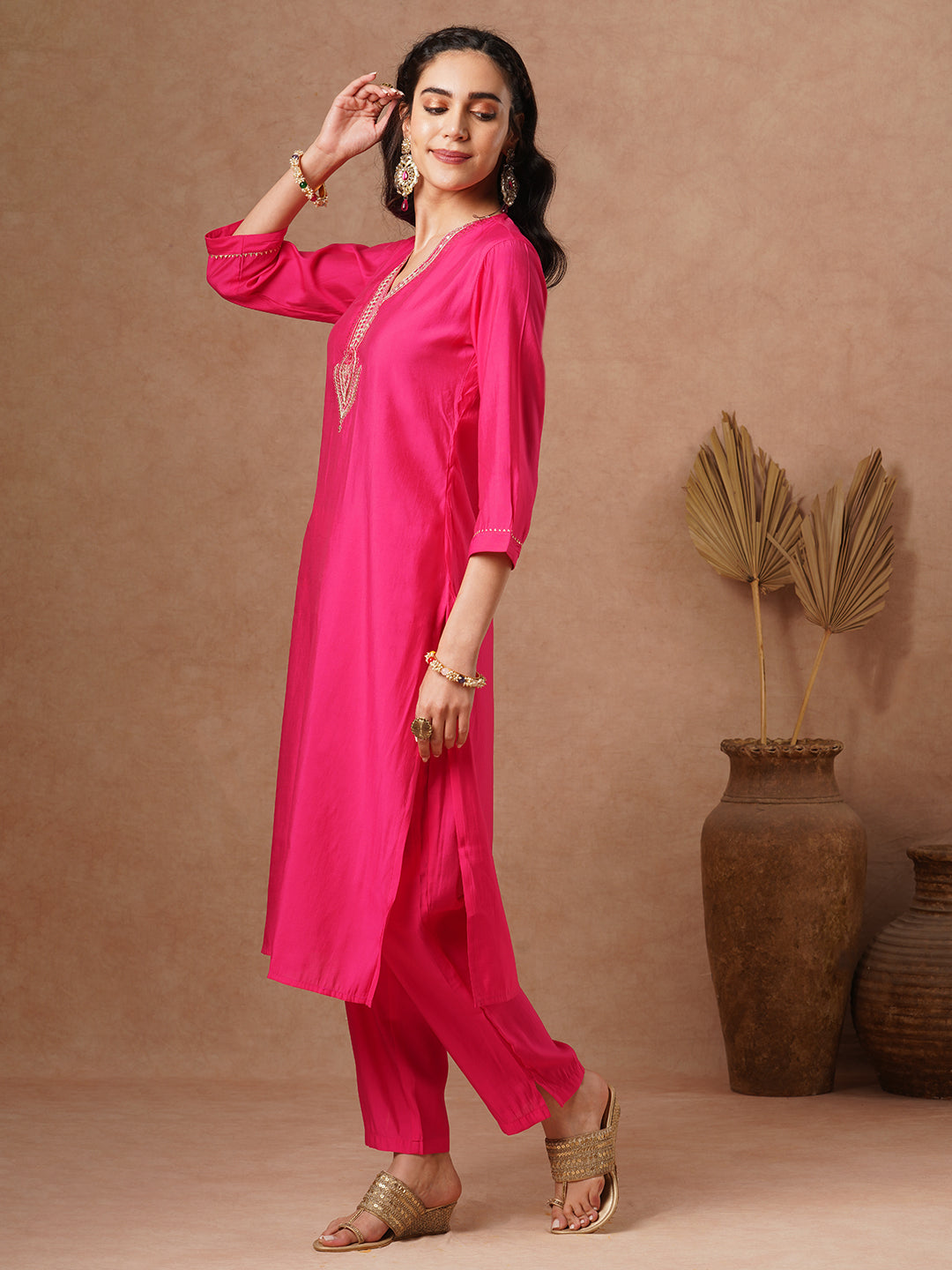 Solid Ethnic Sequin Embroidered Straight Fit Co-ord Set - Pink