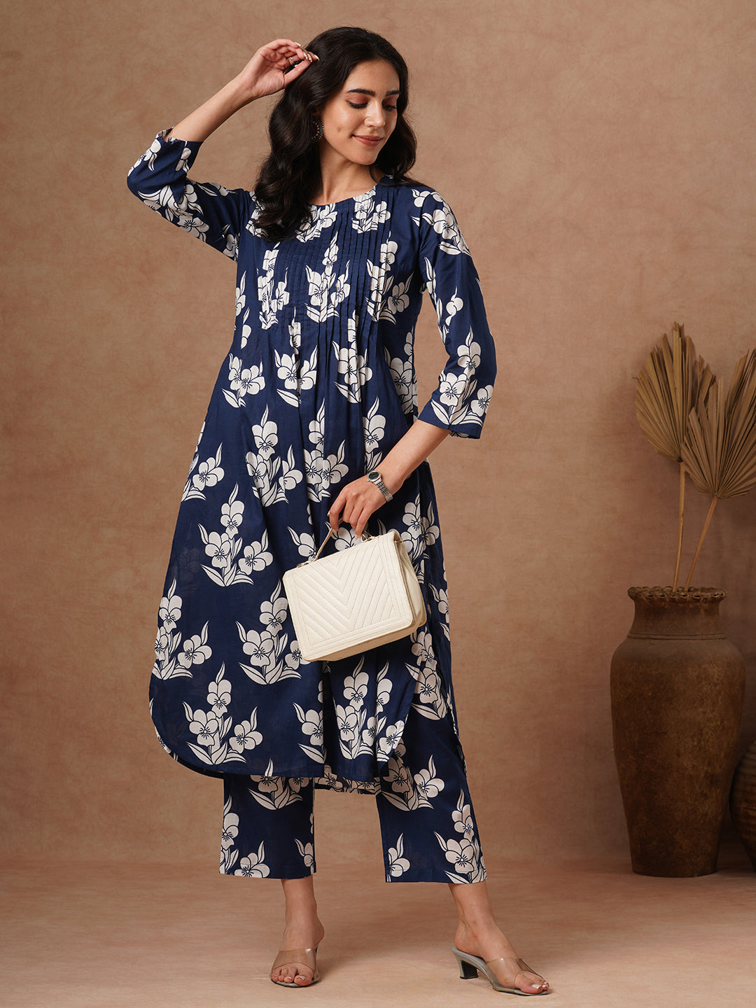 Abstract Printed A-Line Pin Tucked Co-ord Set - Blue