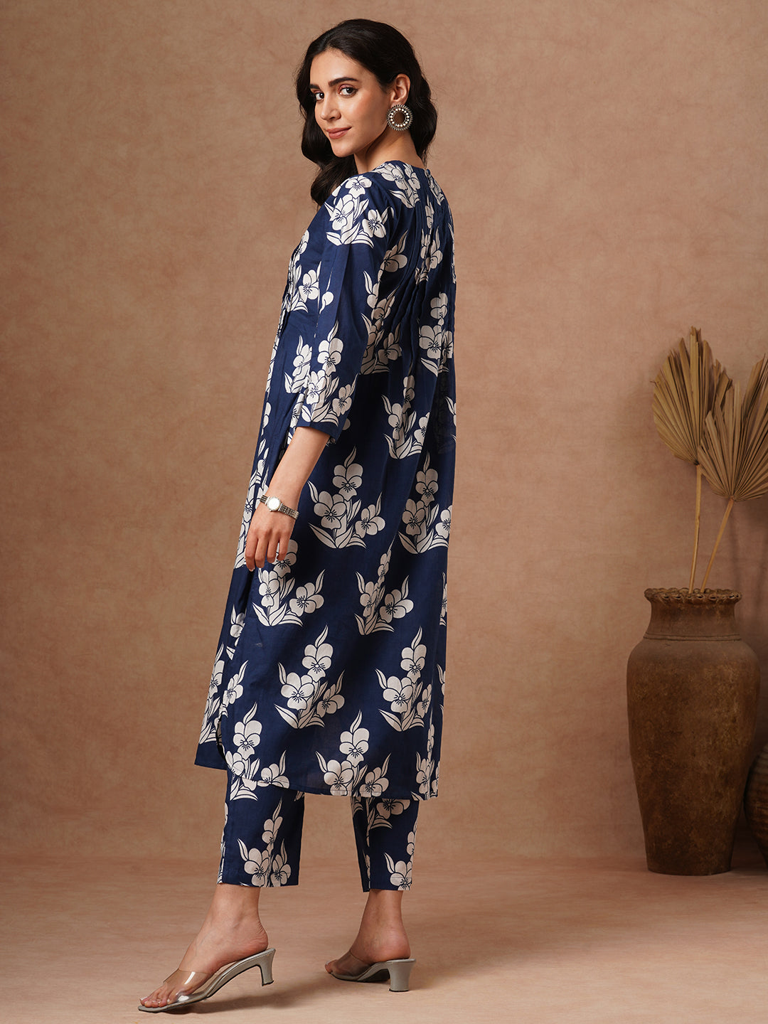 Abstract Printed A-Line Pin Tucked Co-ord Set - Blue