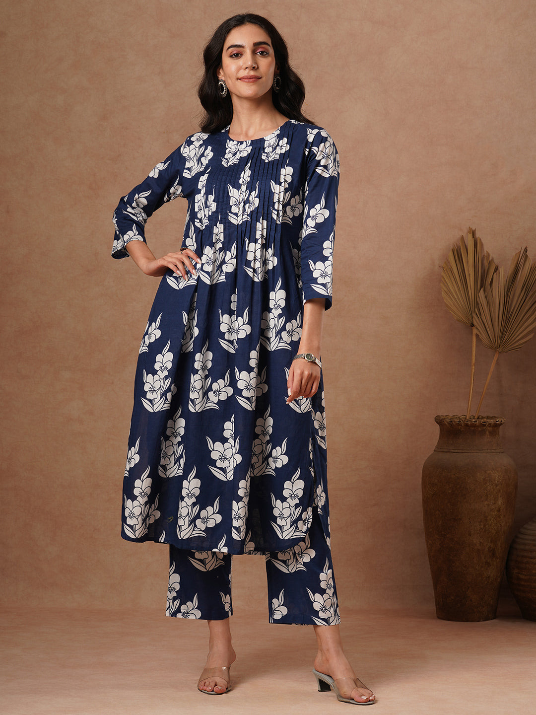 Abstract Printed A-Line Pin Tucked Co-ord Set - Blue