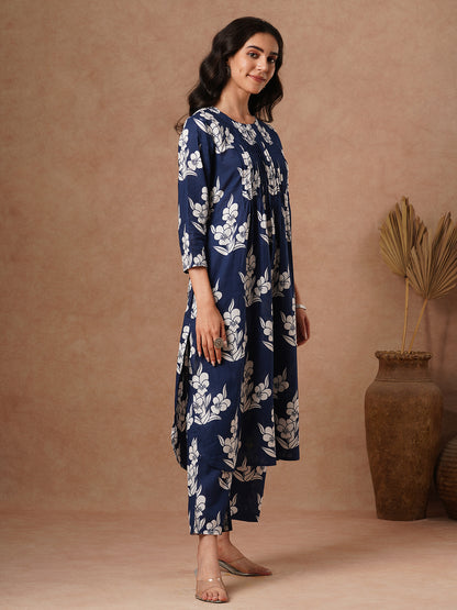 Abstract Printed A-Line Pin Tucked Co-ord Set - Blue