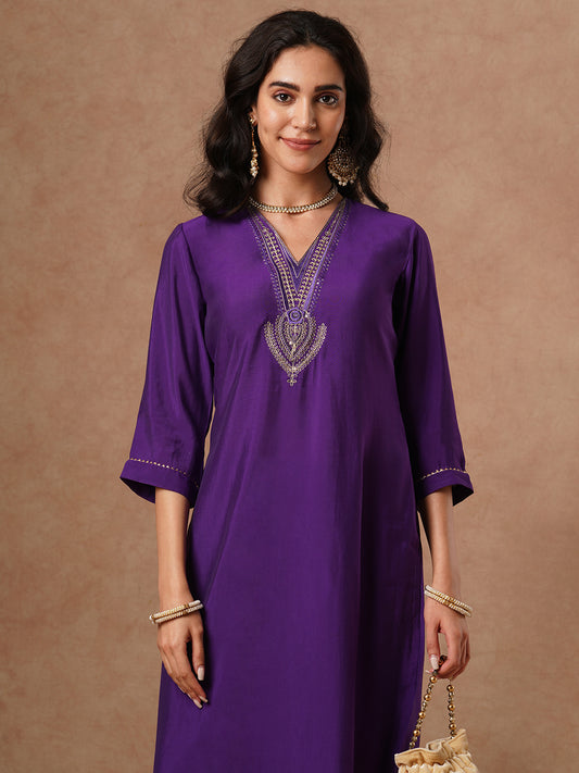 Solid Ethnic Sequin Embroidered Straight Fit Co-ord Set - Purple