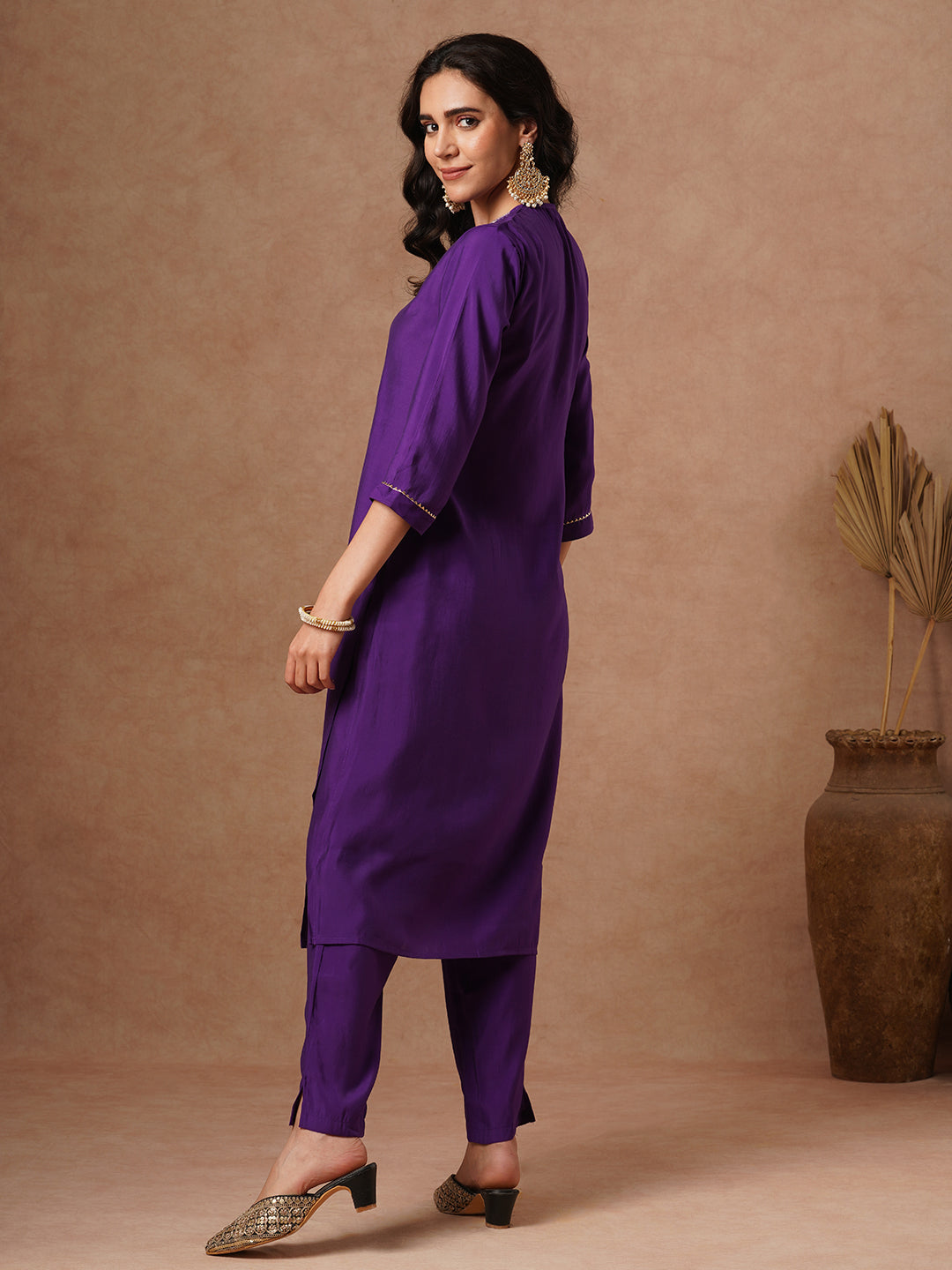 Solid Ethnic Sequin Embroidered Straight Fit Co-ord Set - Purple