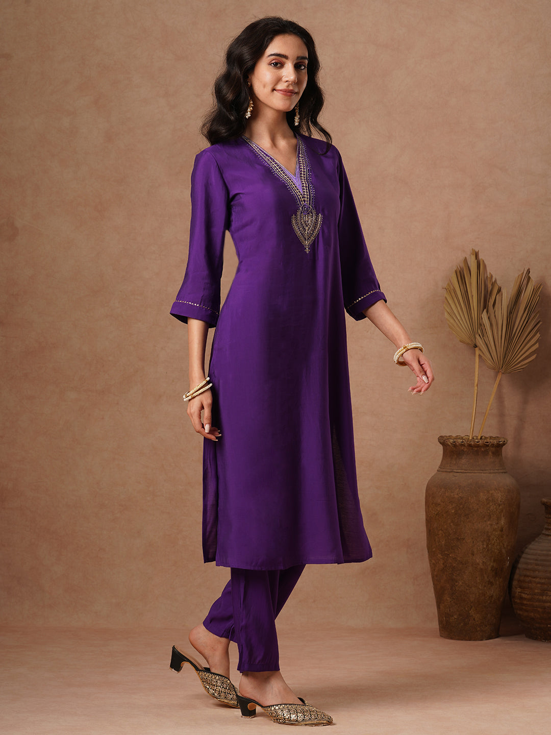 Solid Ethnic Sequin Embroidered Straight Fit Co-ord Set - Purple