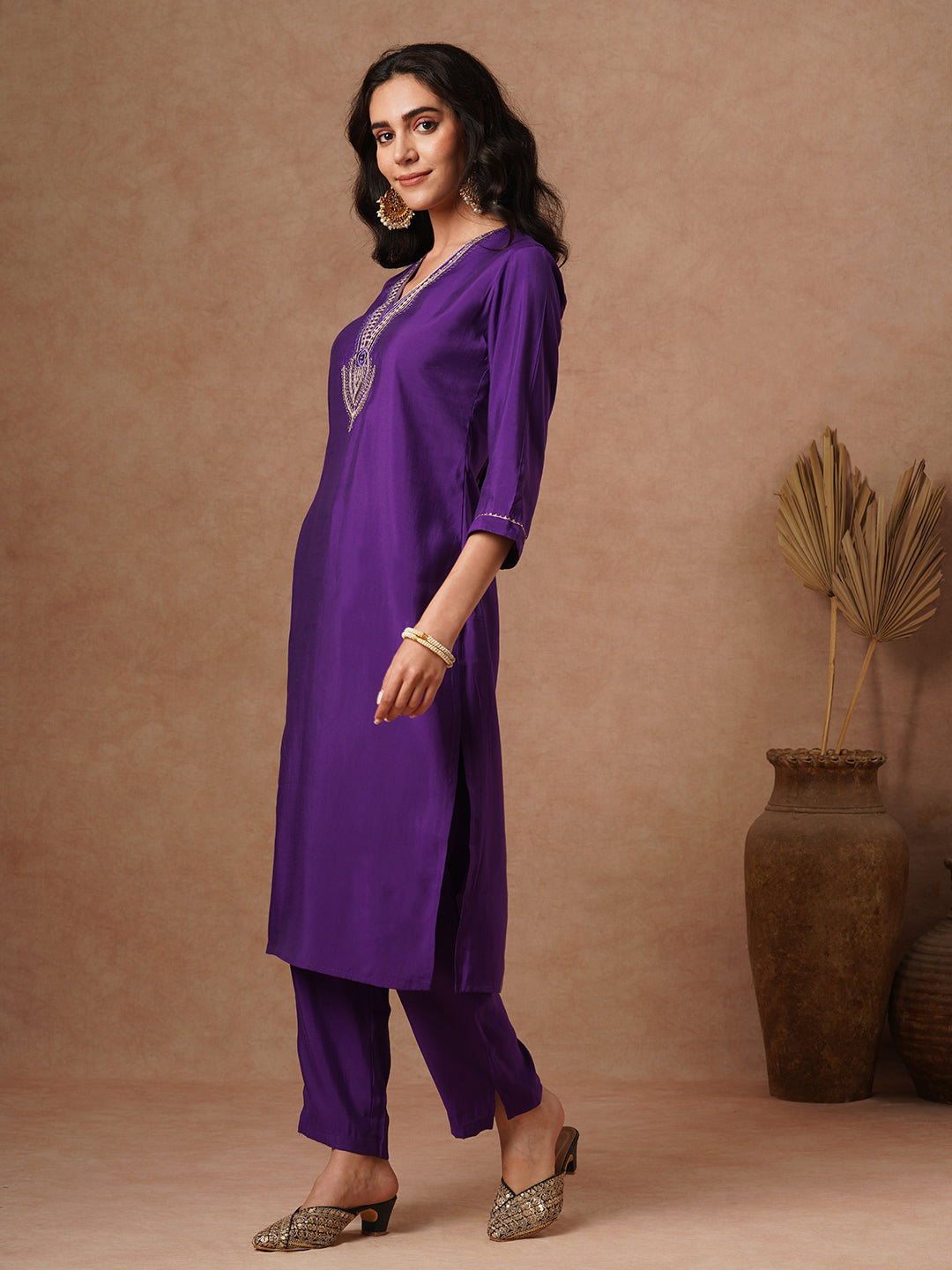 Solid Ethnic Sequin Embroidered Straight Fit Co-ord Set - Purple