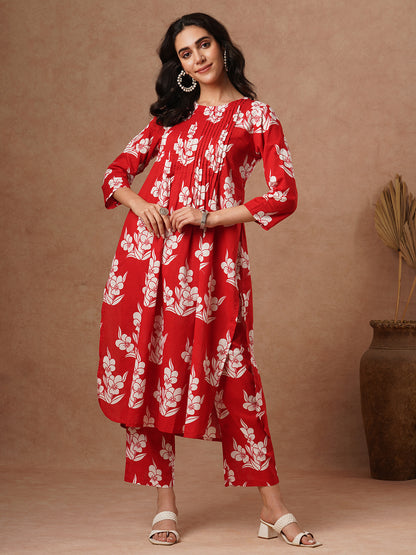 Abstract Printed A-Line Pin Tucked Co-ord Set - Red