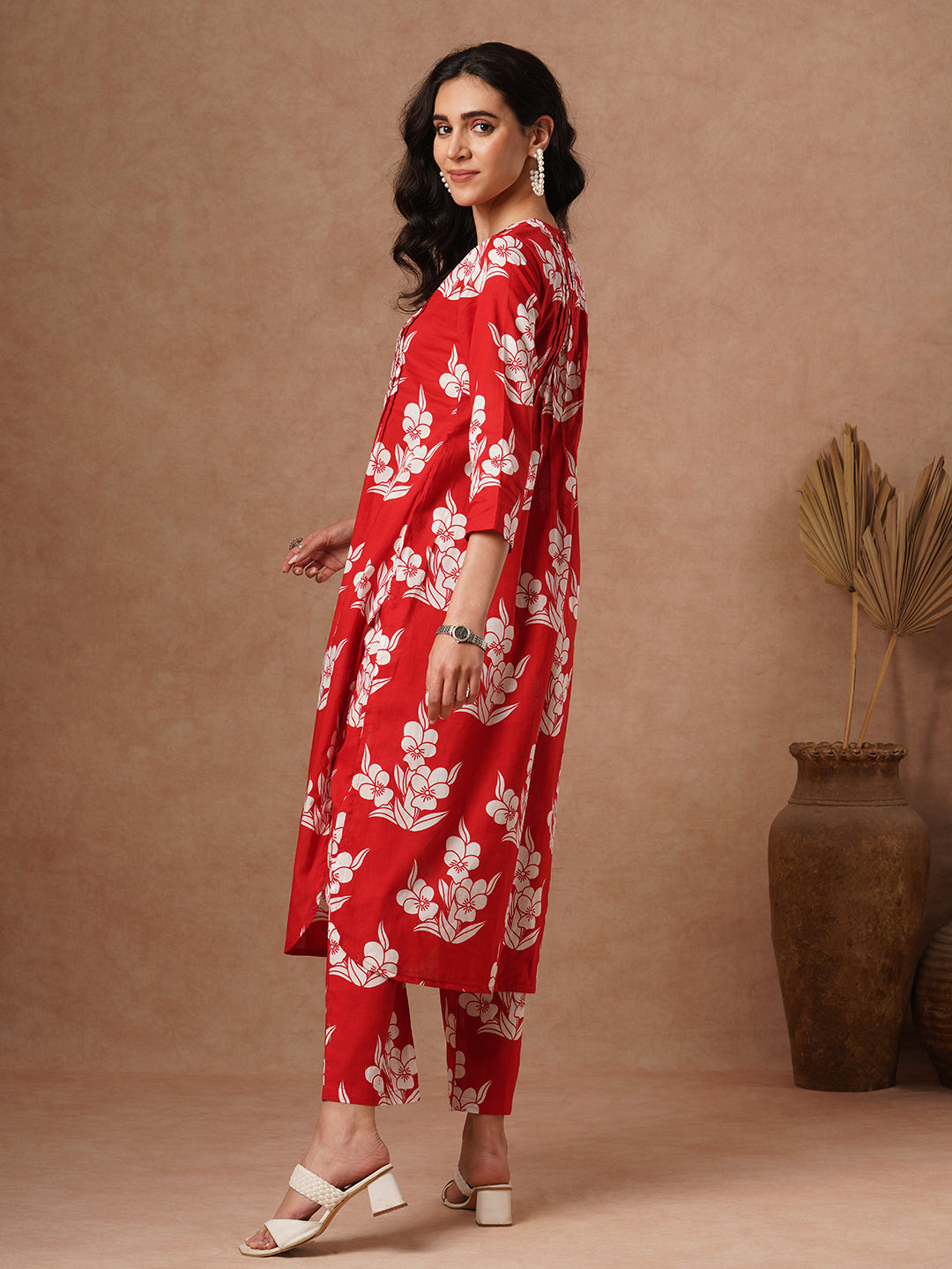 Abstract Printed A-Line Pin Tucked Co-ord Set - Red