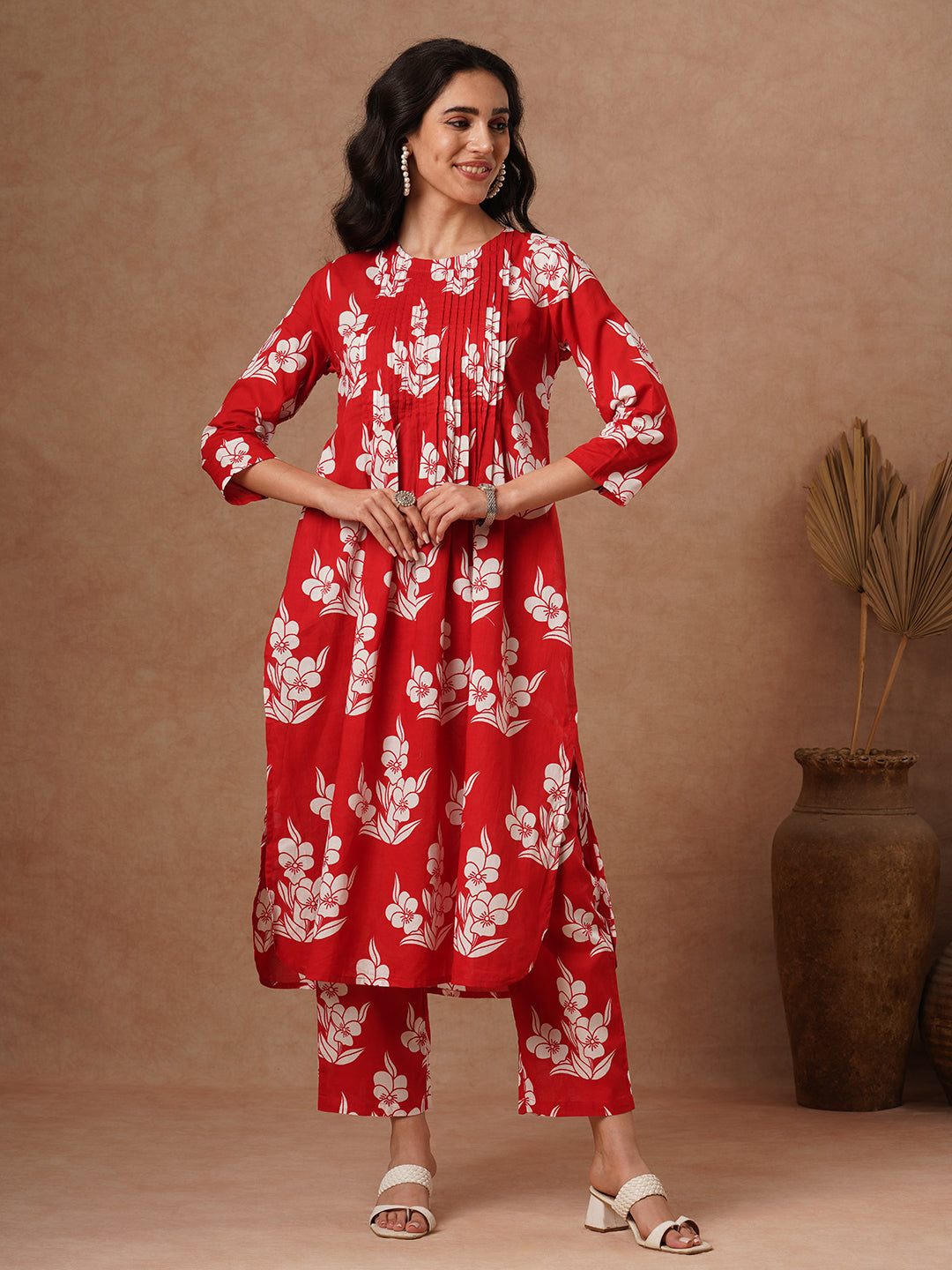 Abstract Printed A-Line Pin Tucked Co-ord Set - Red