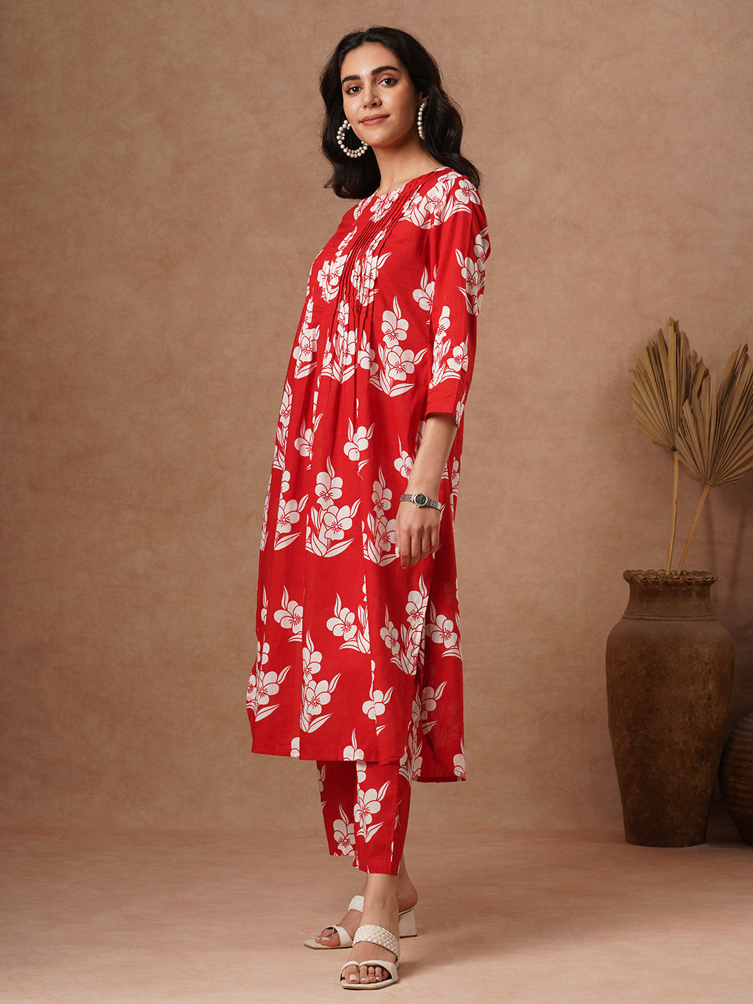 Abstract Printed A-Line Pin Tucked Co-ord Set - Red