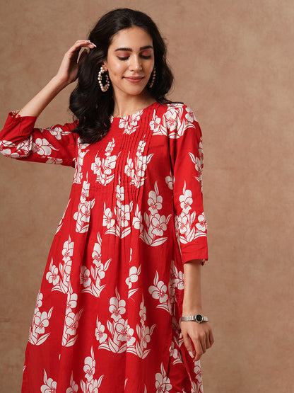 Abstract Printed A-Line Pin Tucked Co-ord Set - Red