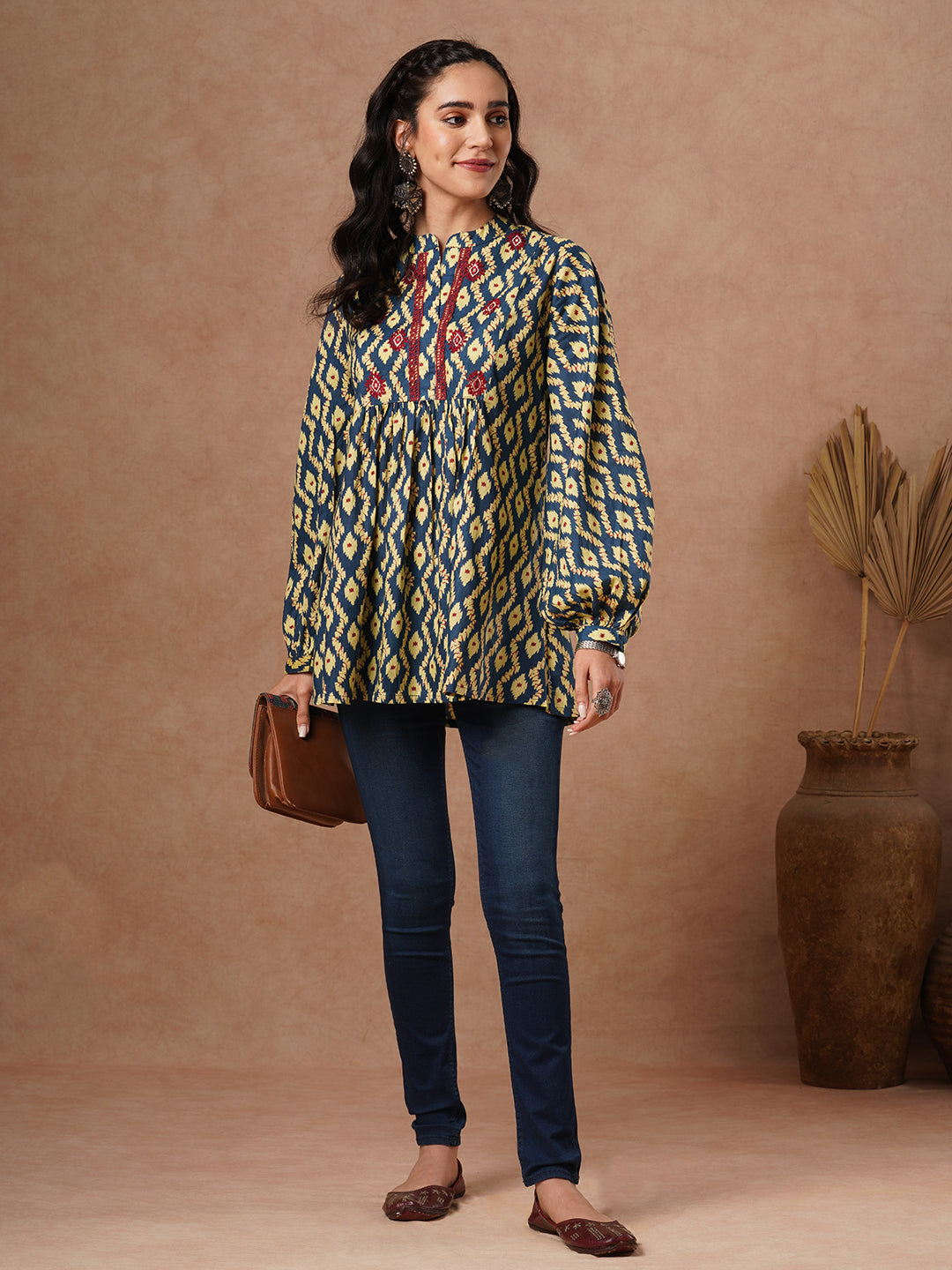 Ethnic Printed & Embroidered A-Line Pleated Short Kurti - Blue