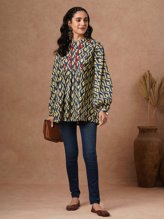 Ethnic Printed & Embroidered A-Line Pleated Short Kurti - Blue