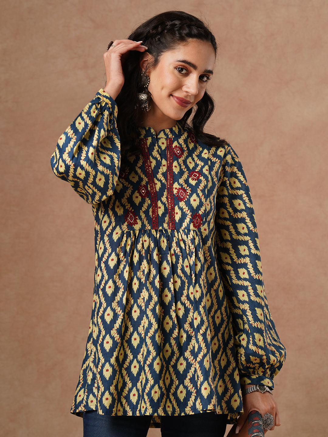 Ethnic Printed & Embroidered A-Line Pleated Short Kurti - Blue