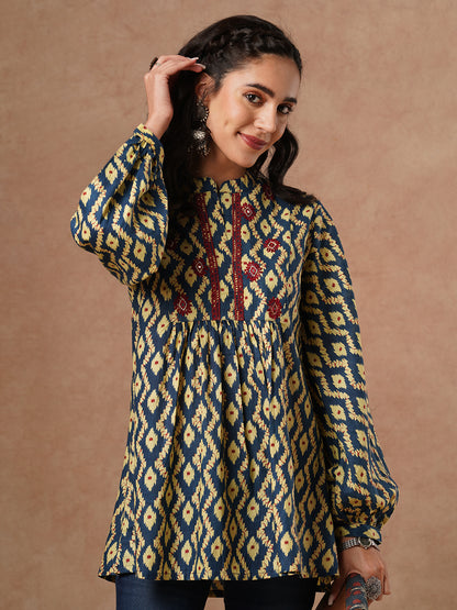 Ethnic Printed & Embroidered A-Line Pleated Short Kurti - Blue