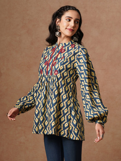 Ethnic Printed & Embroidered A-Line Pleated Short Kurti - Blue