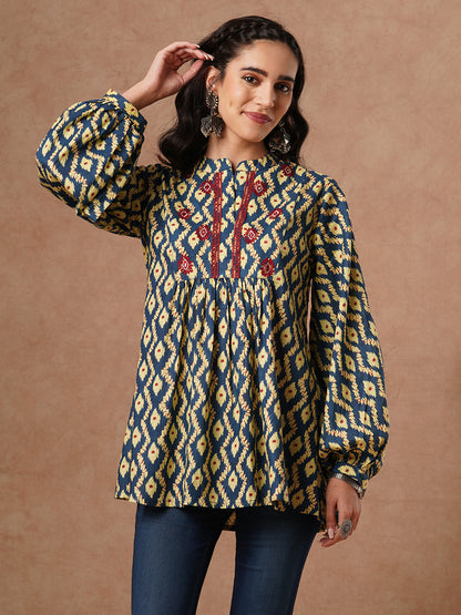 Ethnic Printed & Embroidered A-Line Pleated Short Kurti - Blue