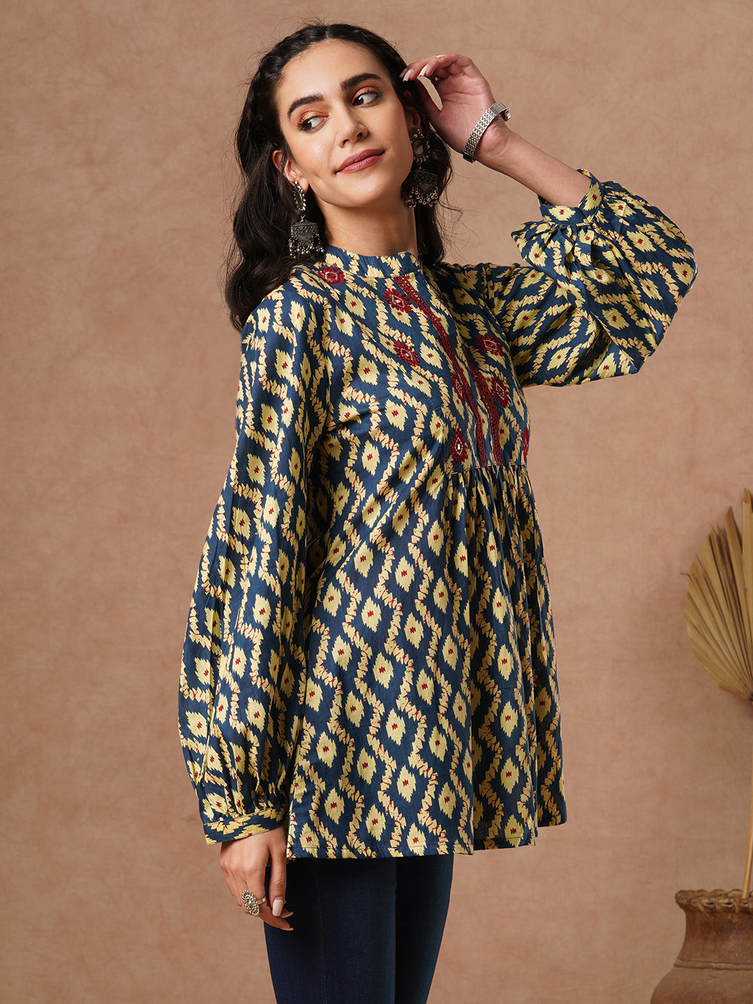 Ethnic Printed & Embroidered A-Line Pleated Short Kurti - Blue