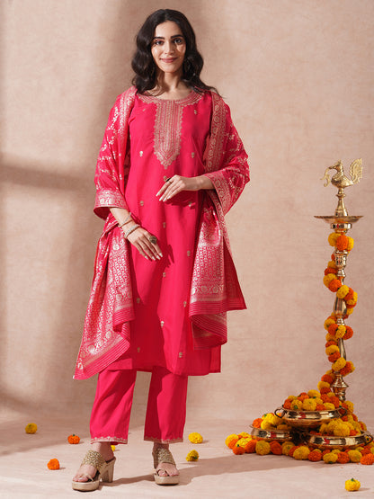 Solid Ethnic Embroidered Straight Fit Kurta with Pant and Dupatta - Pink