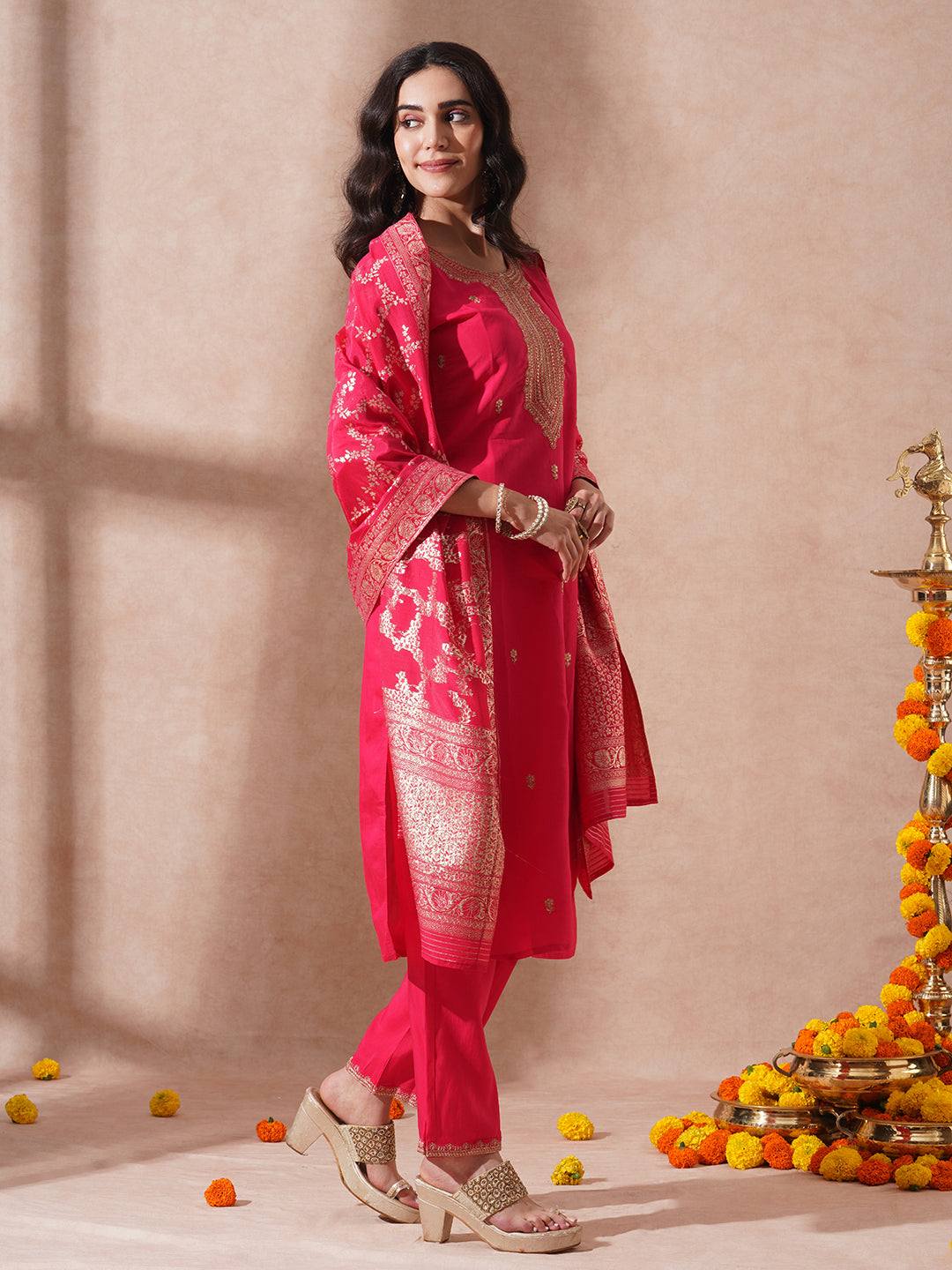 Solid Ethnic Embroidered Straight Fit Kurta with Pant and Dupatta - Pink