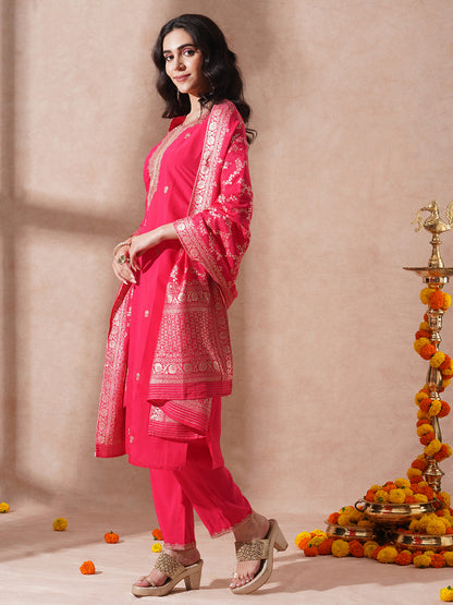 Solid Ethnic Embroidered Straight Fit Kurta with Pant and Dupatta - Pink