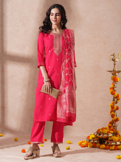 Solid Ethnic Embroidered Straight Fit Kurta with Pant and Dupatta - Pink