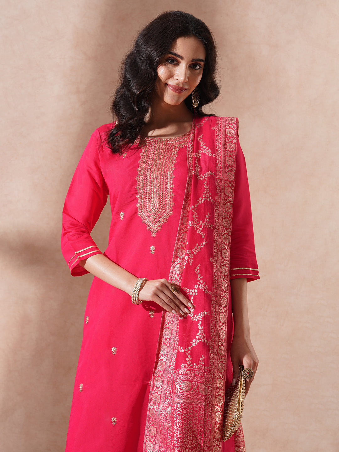 Solid Ethnic Embroidered Straight Fit Kurta with Pant and Dupatta - Pink